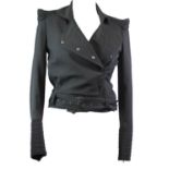 ZAC POSEN, BLACK WOOL JACKET With black silk lining, notch lapel neckline, belt, shoulder pads,