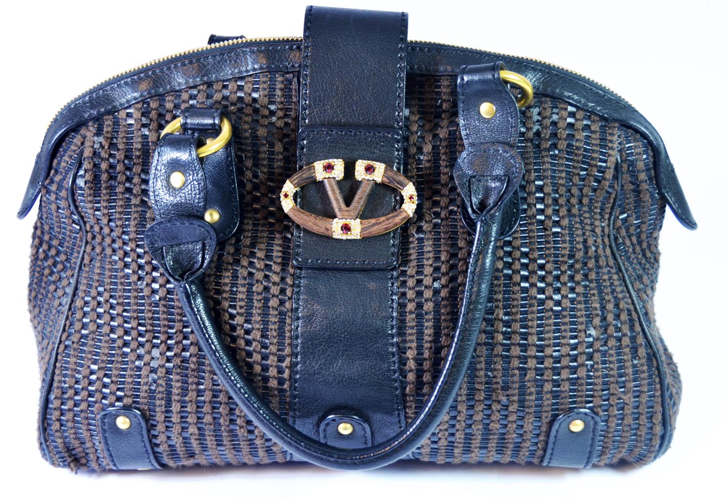 VALENTINO, BROWN CLOTH HANDBAG With gold zip, black leather handle, leather buckle with brown