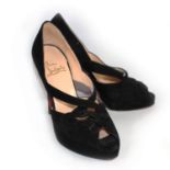 CHRISTIAN LOUBOUTIN, BLACK SUEDE PEEP TOE HEELS With crossover straps (size 39). (heel 12cm) B