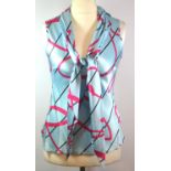 TRACY FEITH, BLUE SILK SHIRT With deep V neckline, long neck tie and black and hot pink spiraled