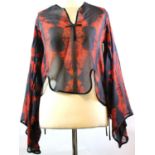 SOPHIA KOKOSALAKI, BLACK SILK SHIRT With red design throughout, black ribbon edge and curved V