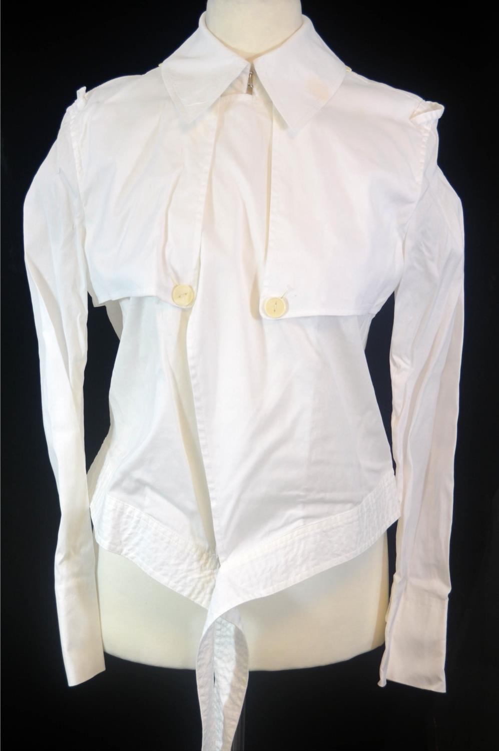 GAULTIER 2, WHITE COTTON SHIRT With cream buttons, folds of fabric, long length of fabric belt tie