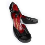 VIVIENNE WESTWOOD, BLACK LEATHER OPEN TOE HEELS Brown naturalistic heel (size 38). (heel 10.5cm)