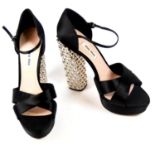 MIU MIU, BLACK SANDALS With ankle strap and support, open toe, slight wedge silver heel decorated