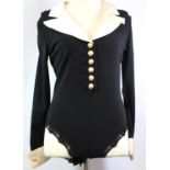 GEORGES RECH, BLACK VISCOSE SHIRT STYLE BODYSUIT With white notch lapel collars, 'pearl' style and