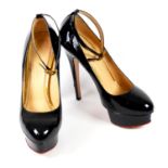 CHARLOTTE OLYMPIA, BLACK PATENT LEATHER HEELS With ankle strap, rounded toe with slight platforms