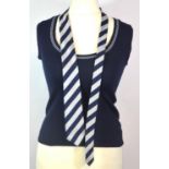 NO LABEL, NAVY BLUE 'WOOL' JUMPER With white threaded U neckline, sleeveless (size 8). B