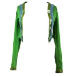 VOYAGE, GREEN NYLON SHORT JACKET With sky blue beaded trim and lime green ribbon, mother of pearl