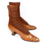 VINTAGE TAN LEATHER BOOTS Pointed toe design with suede button up ankle cover and decorative