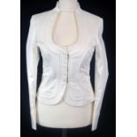 GUCCI, WHITE COTTON JACKET With scoop neck, embroidered design along front, bronze hook and eye