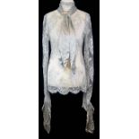 NO LABEL, SILVER LACE SHIRT With embroidered design and silver fabric around cuffs and collar (