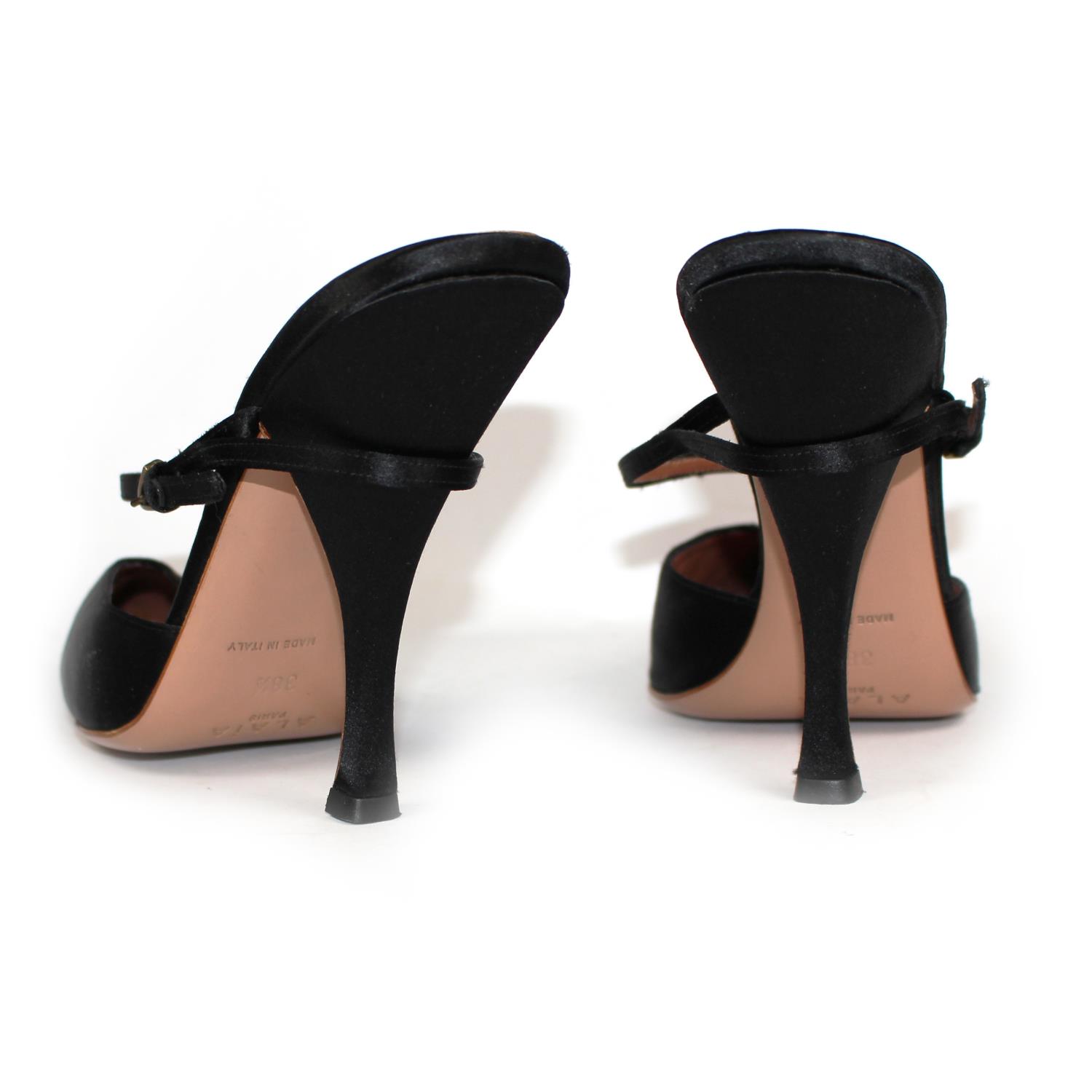 ALAÏA, BLACK SATIN HEELS With pointed toe and ankle strap (size 38.5). (heel 11cm) B - Image 5 of 5