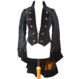 SAMIAH, BLACK COAT With tails, velvet Regal design, bronze hook and eye buttons, bronze inner lining