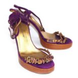 DOLCE & GABBANA, PURPLE CLOTH SANDALS With a slightly wedged naturalistic base, metallic flower