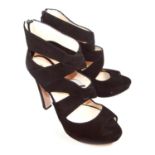 PRADA, BLACK SUEDE PEEP TOE HEELS With crossover straps (size 39.5). (heel 12cm) B