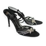 VALENTINO, BLACK LEATHER SANDALS With a suede ankle straps, front ankle straps covered in diamante