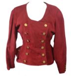 JEAN-CLAUDE JITROIS, RED SUEDE JACKET With golden buttons along front, u neckline, tailored waist (