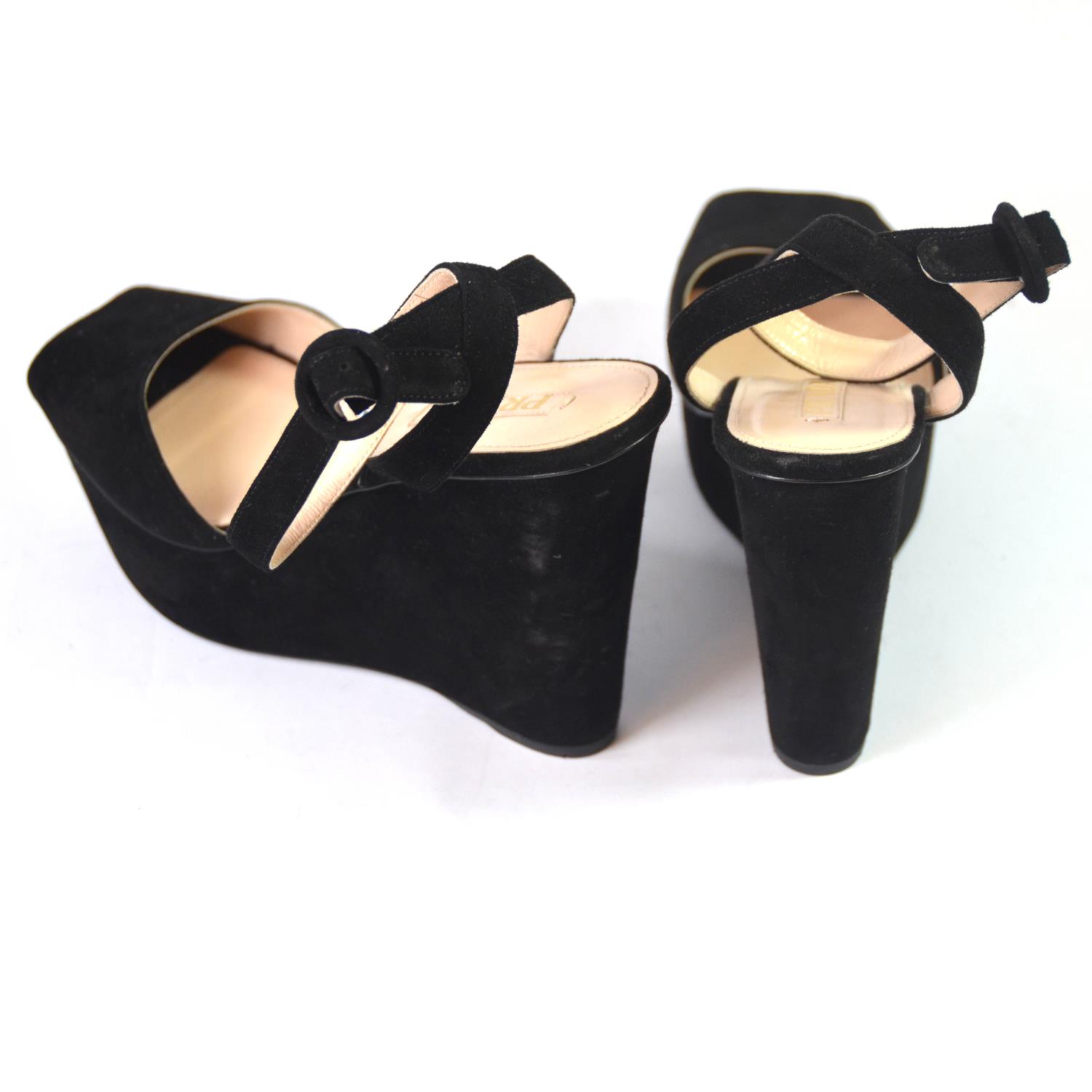 PRADA, BLACK SUEDE WEDGE HEELS With ankle strap with circle buckle, open toe (size 39). (heel 11. - Image 5 of 5