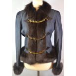 CELINE, BLUE WOOL COAT With brown fox fur trim along cuffs and hemlines, golden chain hook and eye