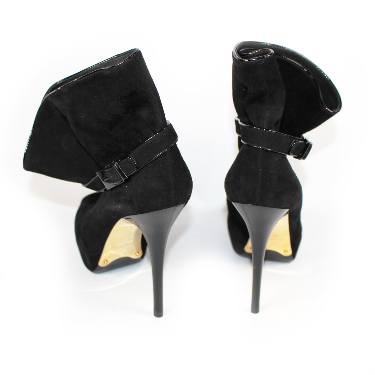 LOUIS VUITTON, BLACK SUEDE HEELED ANKLE BOOTS With an open toe and a ...