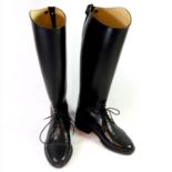 REGENT, BLACK LEATHER RIDING BOOTS With zip up back, lace up front, knee high, rounded toes (size