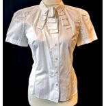 LOUIS VUITTON, WHITE SHORT SLEEVE BLOUSE With barrister collar (size 40). B