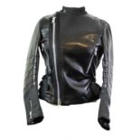 NO LABEL, BLACK LEATHER STYLE JACKET With large silver zips on front, pockets, cuffs, grey tartan
