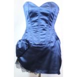 GAIL BERRY, DEEP BLUE SILK CORSET DRESS With black lace hemline, ribbon tie up design on back, large
