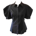 PRADA, BLACK COTTON SHIRT With puff mid length sleeves, pointed collar, black buttons along front,