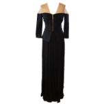 ELISABETTA FRANCHI, FLOOR LENGTH BLACK FABRIC DRESS With nude mesh sleeves, ruffled skirt and