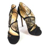 JIMMY CHOO, BLACK SUEDE HEELS With black lace panels, open toe, ankle straps, back zip (size 39). (