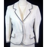 ALEXANDER MCQUEEN, WHITE COTTON JACKET With black and white ruffled ribbon trim, notch lapel (size