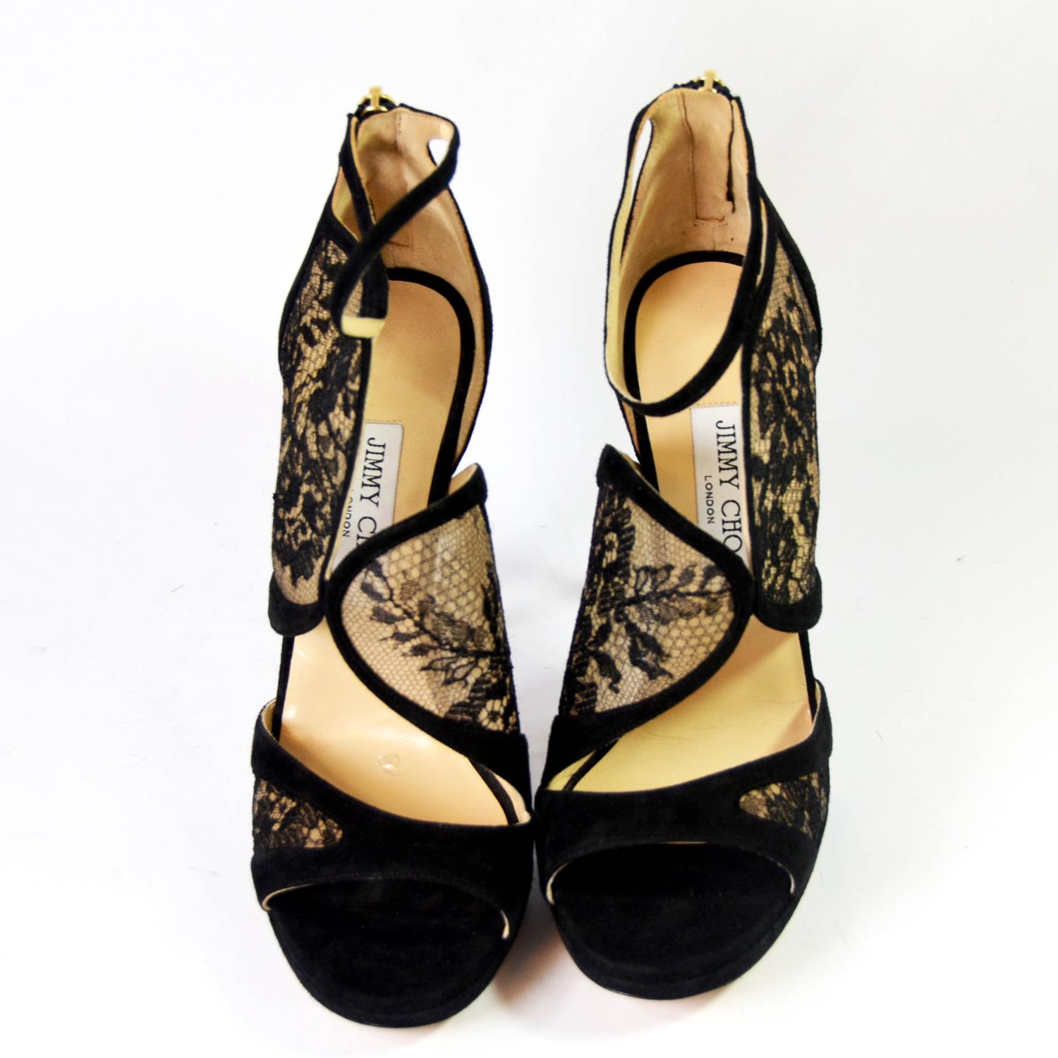 JIMMY CHOO, BLACK SUEDE HEELS With black lace panels, open toe, ankle straps, back zip (size 39). ( - Image 2 of 5