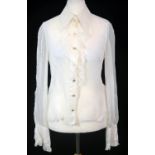 CHANEL, WHITE 'SILK' SHIRT With gold and diamante buttons, ruffled design along front and pointed