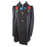 ZARA, BLACK 'WOOL' COAT With large gold and black buttons along front, embroidered blue, red,