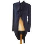 BALENCIAGA, NAVY BLUE SILK COAT With rounded hemline, fabric tie around waist, padded shoulders,