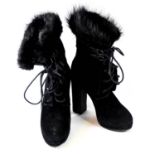 MONCLER, BLACK SUEDE BOOTS With lace up front, fur trimmed edge, rounded toes, textured rubber