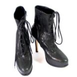 A.R. VANDEVORST, BLACK LEATHER BOOTS With lace up front and buttons along top, side zip, rounded toe