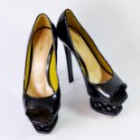 POLLINI, BLACK PATENT LEATHER HEELS With square open toe, slight platform with crisscross design,