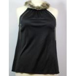 CHLOÉ, GREY SILK SHIRT With fur collar, silver zips along front, sleeveless (size 38). A