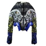 PETER PILOTTO, BLUE POLYAMIDE SHORT COAT With goose down, blue, yellow and white teardrop design,