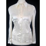 VALENTINO, WHITE SILK SHIRT With pearlesque spherical buttons and pointed collar (size 42). A