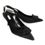 PRADA, BLACK SATIN HEELS With jewelled buckle over a pointed toe (size 39). (heel 7cm) A