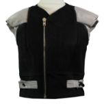 RICK OWENS, BLACK LEATHER JACKET With grey cotton shoulders and fabric tie around waist (size 42).