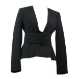 CELINE, BLACK VISCOSE JACKET With slight padded shoulders, thick belt around waist (size 38). A