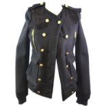 BALENCIAGA, BLACK WOOL AND SUEDE NAVEL JACKET Brass buttons and zips (size 38). B