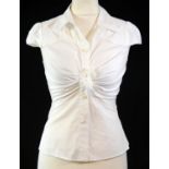 PRADA, WHITE SHORT SLEEVED SHIRT Central pleated bow (size 42). C