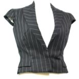 ALEXANDER MCQUEEN, BLACK WOOL WAISTCOAT With thin white stripes, peak lapel collar, cap sleeves,