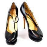 YVES SAINT LAURENT, BLACK LEATHER HEELS With ankle strap, open toe with slight wedge, (size 39½). (