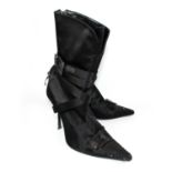 RODOLPHE MENUDIER, BLACK SATIN BOOTS With a back zip, pointed toes dotted with black diamantes and